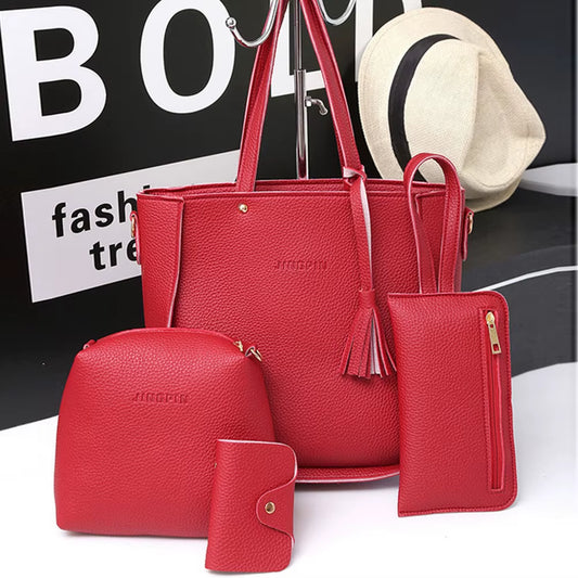 New 2024 New Large Capacity Lychee Pattern Handbags Women'S European and American Retro Fashion Tassel Four-Piece Women'S Bag