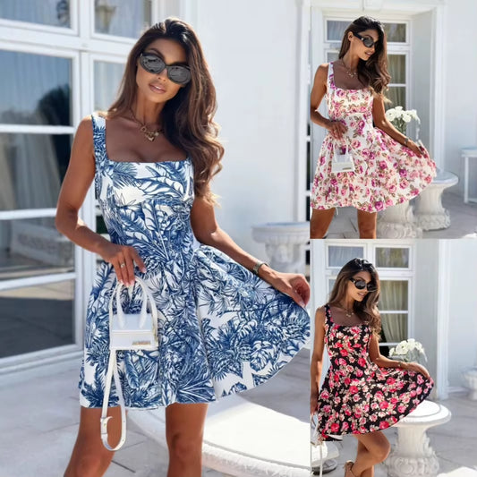Mini Robe Imprimée Pour Femmes, Col Carré, Dos Nu, Avec Nœud, Ligne A, Slim, Sans Manches, Élégante, Fête, Été