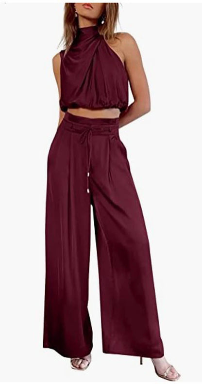 Beige Two Piece Pants Sets Home Wear Women Outfit Silk Pleated Texture Sleeveless Top Wide Leg Pants Set Summer Matching Sets