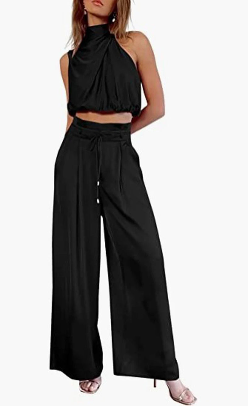 Beige Two Piece Pants Sets Home Wear Women Outfit Silk Pleated Texture Sleeveless Top Wide Leg Pants Set Summer Matching Sets