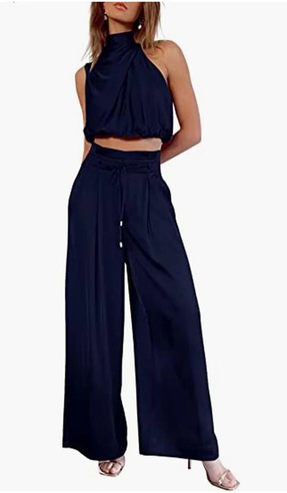 Beige Two Piece Pants Sets Home Wear Women Outfit Silk Pleated Texture Sleeveless Top Wide Leg Pants Set Summer Matching Sets
