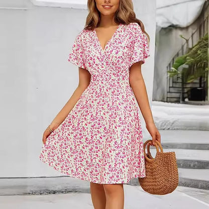 Robe Mi-Longue Pour Femmes, Style Transfrontalier Européen Et Américain, Fleur D'Été, Manches Courtes, Col En V, Robe Portefeuille Trapèze, Nouvelle Collection 2024