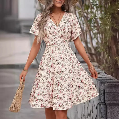 Robe Mi-Longue Pour Femmes, Style Transfrontalier Européen Et Américain, Fleur D'Été, Manches Courtes, Col En V, Robe Portefeuille Trapèze, Nouvelle Collection 2024