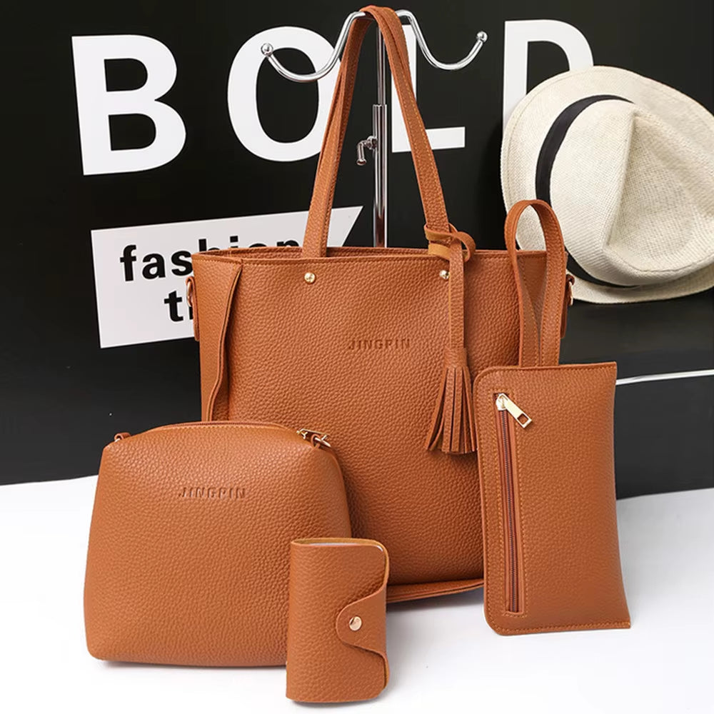 New 2024 New Large Capacity Lychee Pattern Handbags Women'S European and American Retro Fashion Tassel Four-Piece Women'S Bag