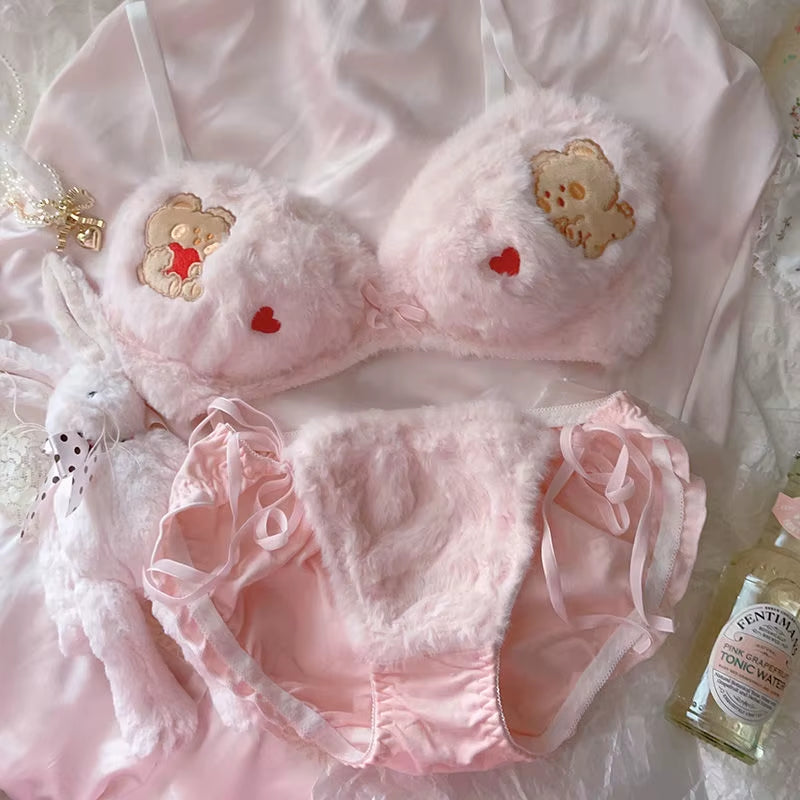 Japanese Girls Winter Soft Ropa Interior Cute Lingerie for Women Cartoon Bear Students Plush Sexy Bras Wireless Thin Bra Set