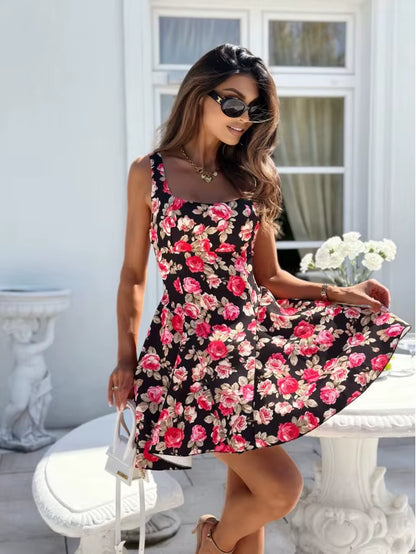 Mini Robe Imprimée Pour Femmes, Col Carré, Dos Nu, Avec Nœud, Ligne A, Slim, Sans Manches, Élégante, Fête, Été