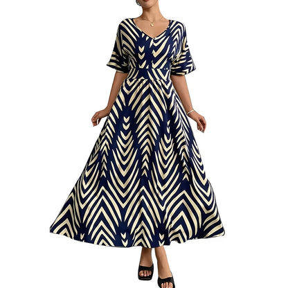 Robes Pour Femmes Mode Imprimé Col En V Manches Courtes Taille Large Robe Été Nouvelle Rayure Ceinture Confortable Élégant Robes De Soirée