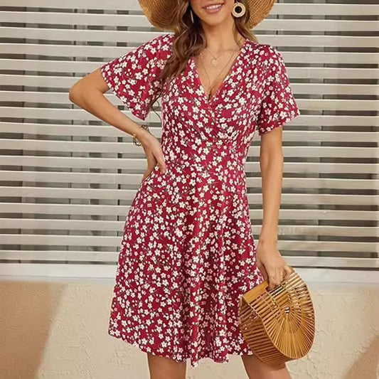 Robe Mi-Longue Pour Femmes, Style Transfrontalier Européen Et Américain, Fleur D'Été, Manches Courtes, Col En V, Robe Portefeuille Trapèze, Nouvelle Collection 2024