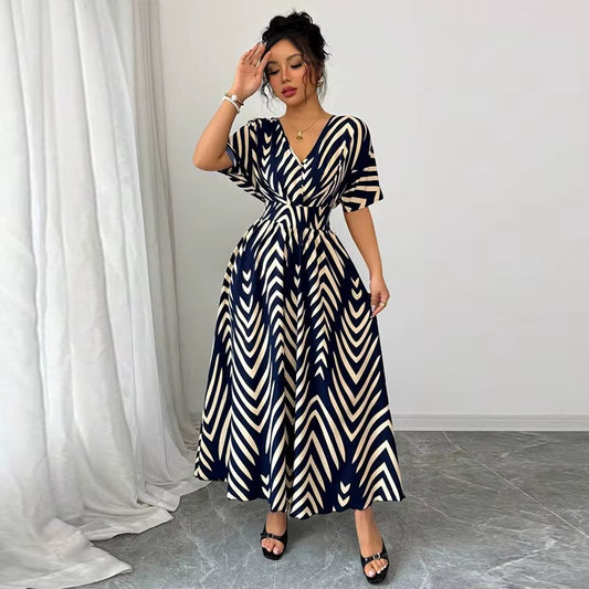 Robes Pour Femmes Mode Imprimé Col En V Manches Courtes Taille Large Robe Été Nouvelle Rayure Ceinture Confortable Élégant Robes De Soirée