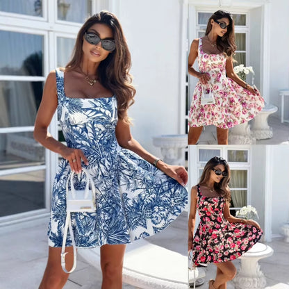 Mini Robe Imprimée Pour Femmes, Col Carré, Dos Nu, Avec Nœud, Ligne A, Slim, Sans Manches, Élégante, Fête, Été
