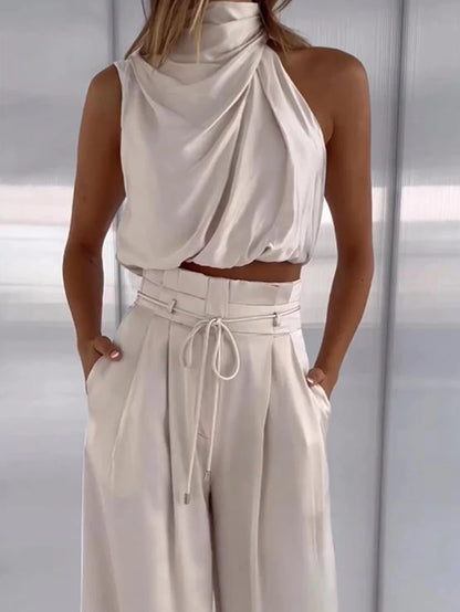 Beige Two Piece Pants Sets Home Wear Women Outfit Silk Pleated Texture Sleeveless Top Wide Leg Pants Set Summer Matching Sets