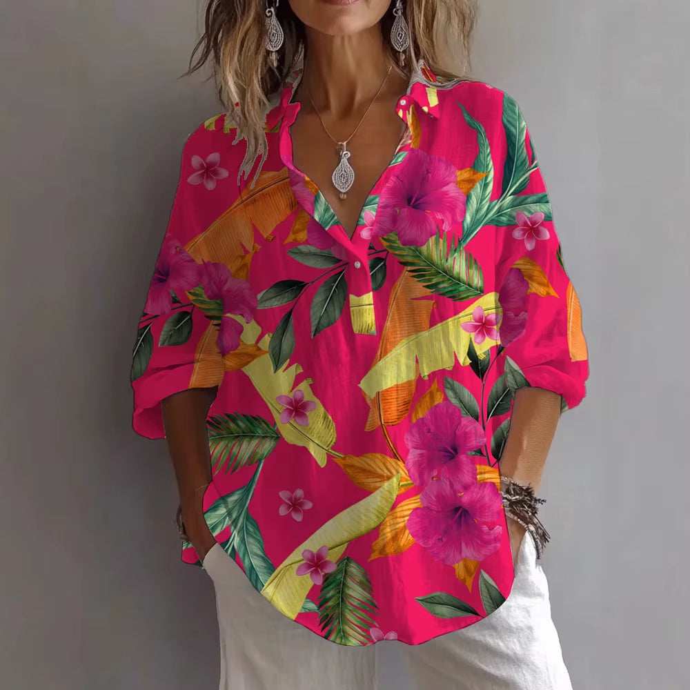 Printemps Automne Imprimé Haut Décontracté Chemise Nouveau Pour Les Femmes Mode À Manches Longues Col En V Bouton Élégant Hauts Amples Chemises Femmes Vêtements