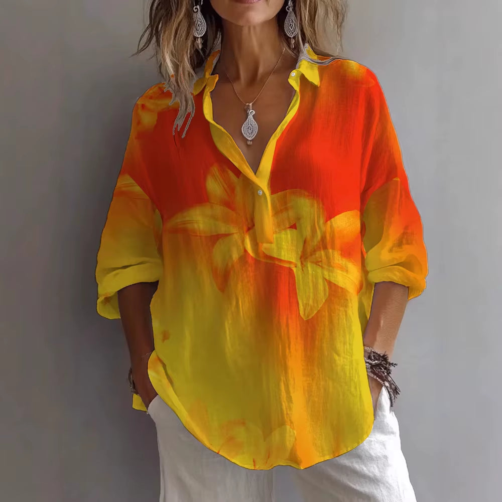 Printemps Automne Imprimé Haut Décontracté Chemise Nouveau Pour Les Femmes Mode À Manches Longues Col En V Bouton Élégant Hauts Amples Chemises Femmes Vêtements