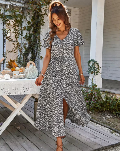 Dames Vintage Longue Imprimé Fleuri Robe D'Été Femmes Ample Décontracté Bouton Bohème Robe De Plage Femmes Robe D'Été Robe Robes Femme