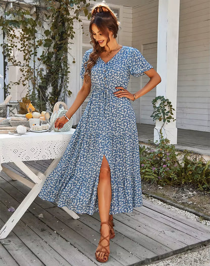 Dames Vintage Longue Imprimé Fleuri Robe D'Été Femmes Ample Décontracté Bouton Bohème Robe De Plage Femmes Robe D'Été Robe Robes Femme