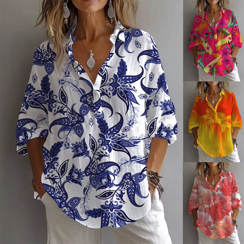 Printemps Automne Imprimé Haut Décontracté Chemise Nouveau Pour Les Femmes Mode À Manches Longues Col En V Bouton Élégant Hauts Amples Chemises Femmes Vêtements
