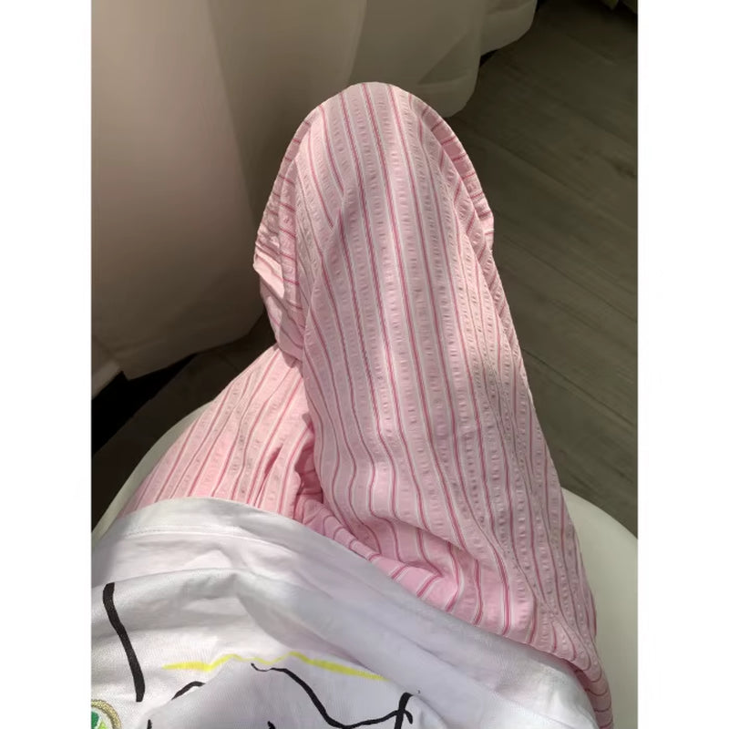 Doux Rose Taille Haute Pantalon À Jambes Larges Femmes 2025 Nouveau Coréen Décontracté Rayé Cordon Ample Pantalon Droit Femme