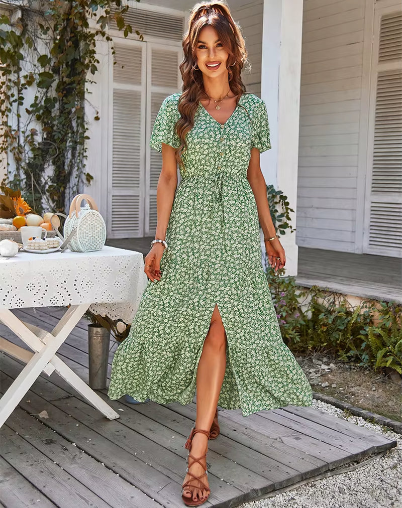 Dames Vintage Longue Imprimé Fleuri Robe D'Été Femmes Ample Décontracté Bouton Bohème Robe De Plage Femmes Robe D'Été Robe Robes Femme