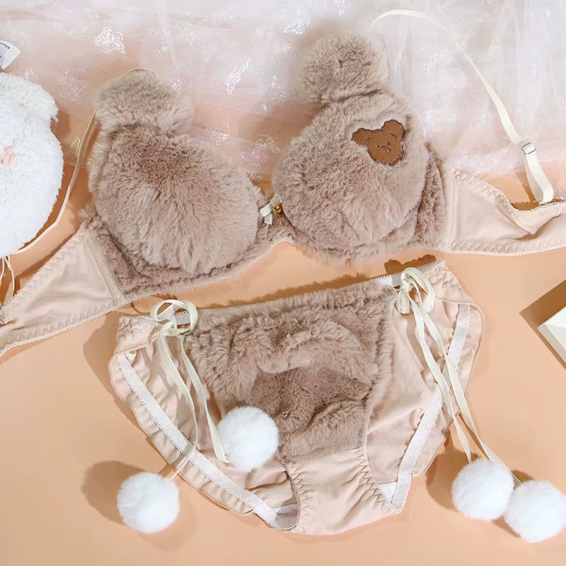 Japanese Girls Winter Soft Ropa Interior Cute Lingerie for Women Cartoon Bear Students Plush Sexy Bras Wireless Thin Bra Set