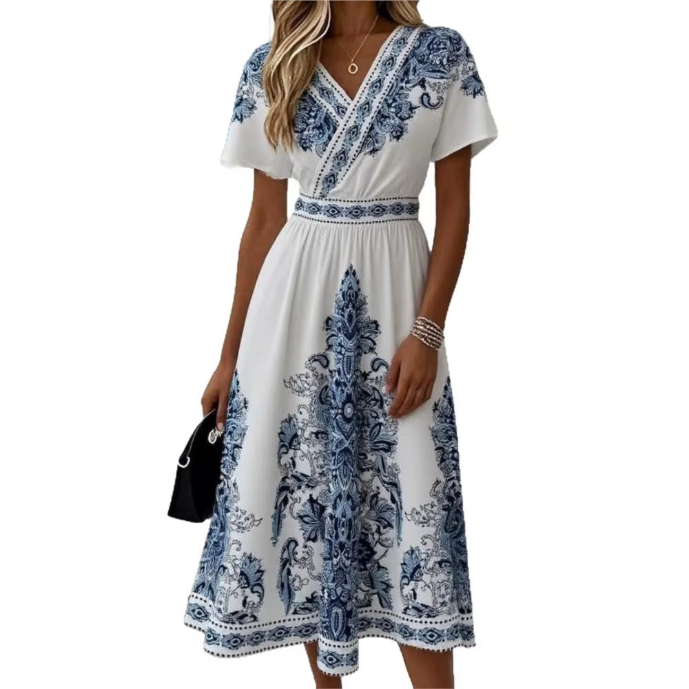 Robe D'Été Plissée Élégante À Col En V Imprimé Taille Haute Pour Femme, Style Français, Décontractée, À Manches Courtes, Pour Les Vacances