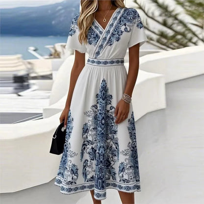 Robe D'Été Plissée Élégante À Col En V Imprimé Taille Haute Pour Femme, Style Français, Décontractée, À Manches Courtes, Pour Les Vacances