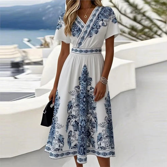 Robe D'Été Plissée Élégante À Col En V Imprimé Taille Haute Pour Femme, Style Français, Décontractée, À Manches Courtes, Pour Les Vacances