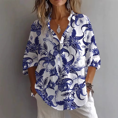 Printemps Automne Imprimé Haut Décontracté Chemise Nouveau Pour Les Femmes Mode À Manches Longues Col En V Bouton Élégant Hauts Amples Chemises Femmes Vêtements