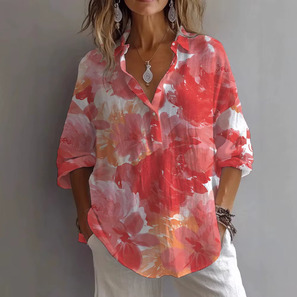Printemps Automne Imprimé Haut Décontracté Chemise Nouveau Pour Les Femmes Mode À Manches Longues Col En V Bouton Élégant Hauts Amples Chemises Femmes Vêtements